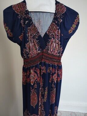 Navy Boho Maxi Dress with Pink Paisley Print